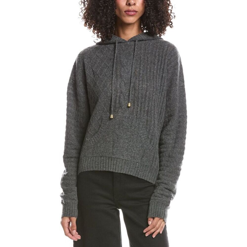 Brodie Cashmere Womens  Luxe Cable 100% Cashmere Hoodie, Grey